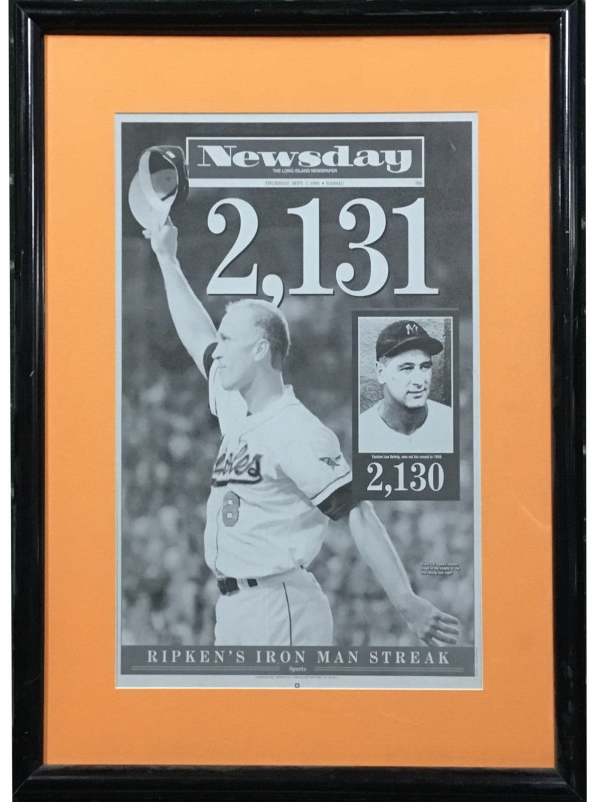 Cal Ripken Jr 2131 Iron Man Record 9/7/ 1995 Newsday printing plate 1/1 framed