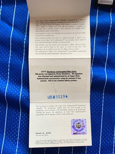 Penny Hardaway signed 1995 96 + 4 Pro Cut Orlando Magic Champion Jersey Auto UDA