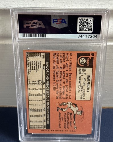 1969 Topps Dan Danny Frisella #343 Signed  Mets World Series RARE Auto Psa Coa