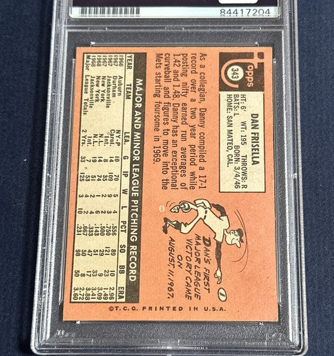 1969 Topps Dan Danny Frisella #343 Signed  Mets World Series RARE Auto Psa Coa