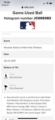 Gary Sanchez MLB Game Used Post Season Baseball 2017 Yankees vs Astros Steiner