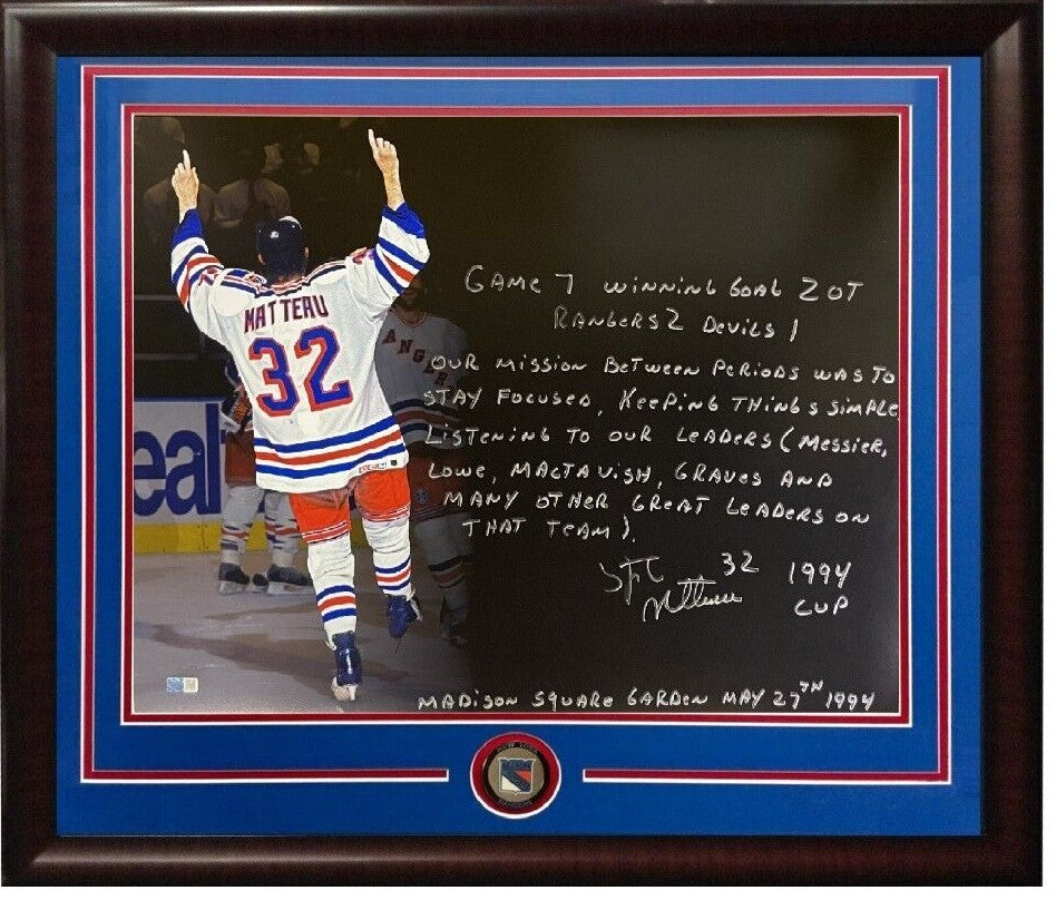 Stéphane Matteau Rangers signed 16x20 Framed Story 1994 Game 7 Goal Msg Steiner