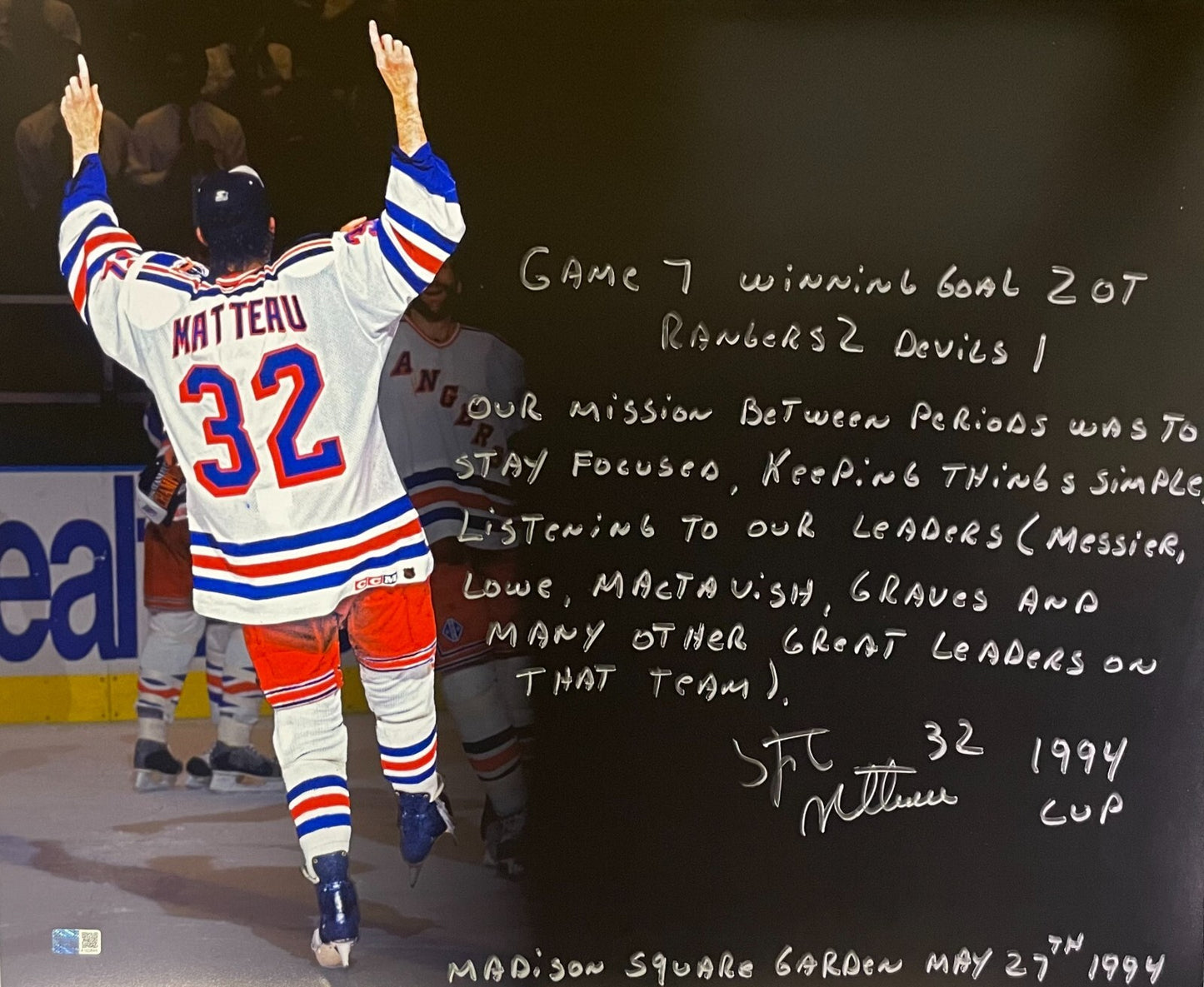 Stéphane Matteau Rangers signed 16x20 Framed Story 1994 Game 7 Goal Msg Steiner