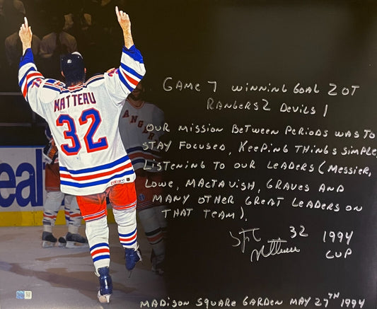 Stéphane Matteau Rangers signed 16x20 Framed Story 1994 Game 7 Goal Msg Steiner
