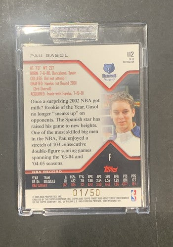 2004-05 Topps Finest Game Used Jersey BLUE REFRACTOR Pau Gasol 1/50 Mint Sealed