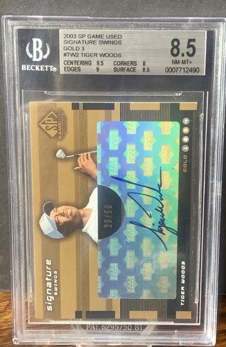 Tiger Woods 2003 SP Game Used Signature Swings /50 Gold 3 Bgs 8.5 Mint 9 Auto