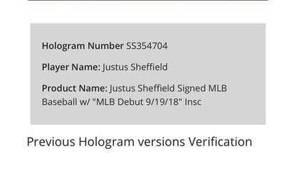 Justus Sheffield signed baseball ins MLB Debut dated Yankees rookie Auto Steiner