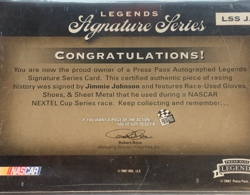 2007 Press Pass Legends Signed Jimmie Johnson Race Used Bgs 9 Auto Mint /25