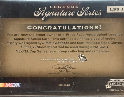 2007 Press Pass Legends Signed Jimmie Johnson Race Used Bgs 9 Auto Mint /25