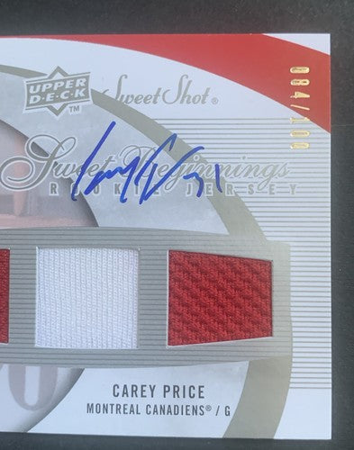 Carey Price 2007-08 Upper Deck Sweet Shot Mint + Card Auto Rookie 3 Jersey /100