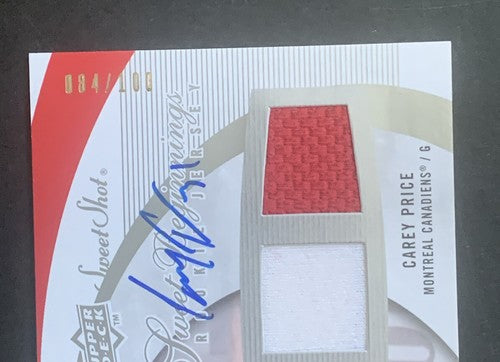 Carey Price 2007-08 Upper Deck Sweet Shot Mint + Card Auto Rookie 3 Jersey /100