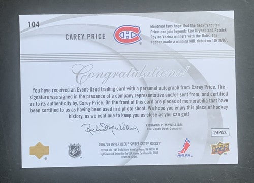 Carey Price 2007-08 Upper Deck Sweet Shot Mint + Card Auto Rookie 3 Jersey /100