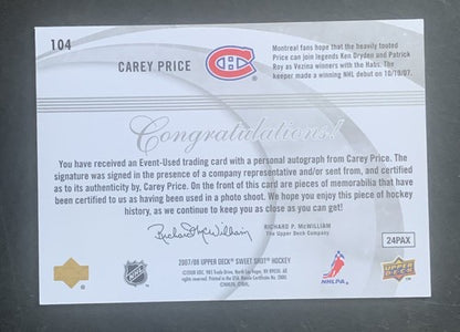 Carey Price 2007-08 Upper Deck Sweet Shot Mint + Card Auto Rookie 3 Jersey /100