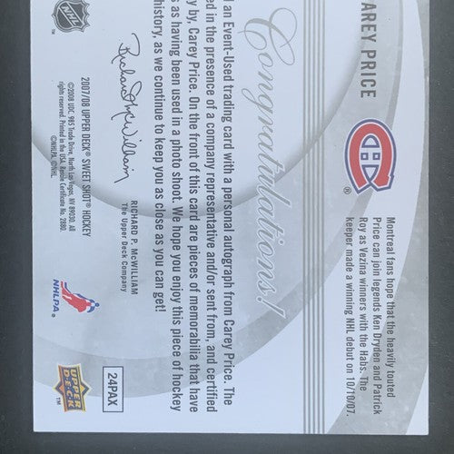 Carey Price 2007-08 Upper Deck Sweet Shot Mint + Card Auto Rookie 3 Jersey /100