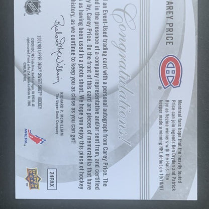 Carey Price 2007-08 Upper Deck Sweet Shot Mint + Card Auto Rookie 3 Jersey /100