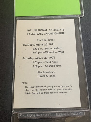 1971 NCAA Basketball Championship Press Media Ticket Schedule Ucla Vs Villanova