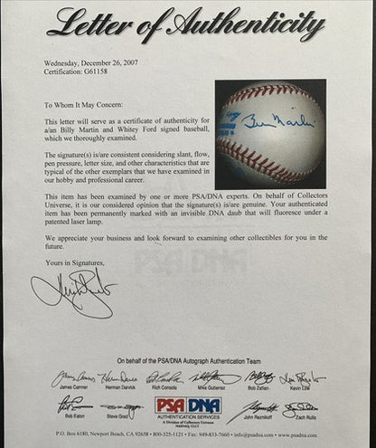 Billy Martin & Whitey Ford Yankees Signed Official A.L Baseball autograph PSA