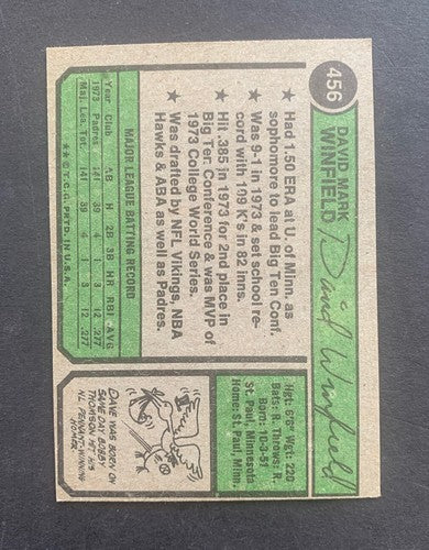 1974 TOPPS  #456 DAVE WINFIELD Rookie Nm Rc Hof Sharp Clean Card