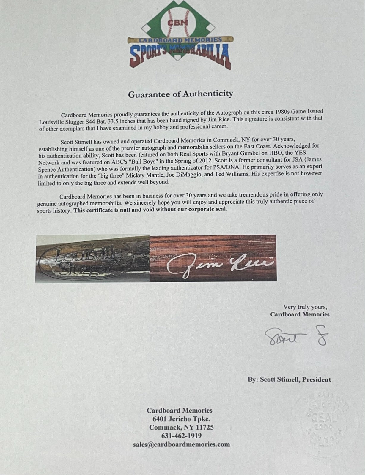 Jim Rice Boston Red Sox Signed S44 Louisville Game Issued Bat Hof Auto Coa
