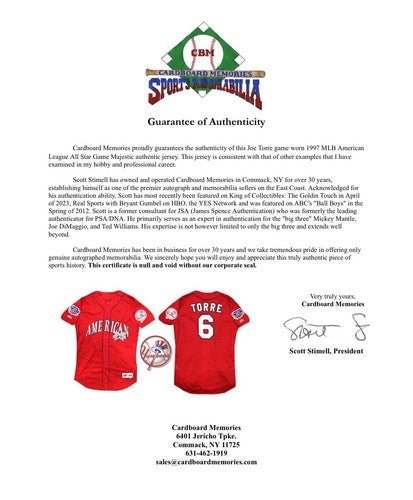 Joe Torre Authentic Game Used 1997 MLB All-Star Game Yankees #6 Jersey Worn COA