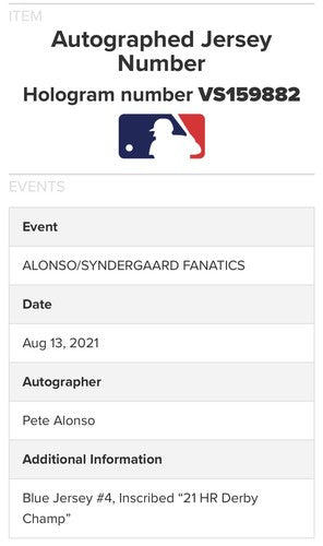 Pete Alonso Mets Signed Official 21 HR Derby Champ Auto Jersey MLB Fanatics /44
