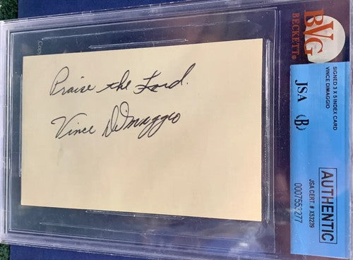 Vince Dimaggio signed 3x5 index card Beckett JSA COA Mint praise the lord AUTO