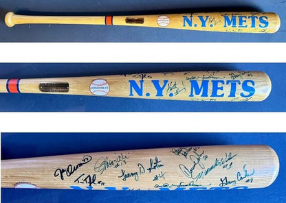 1986 Mets World Series Team Signed Bat 16 Auto Hernandez Strawberry Carter COA