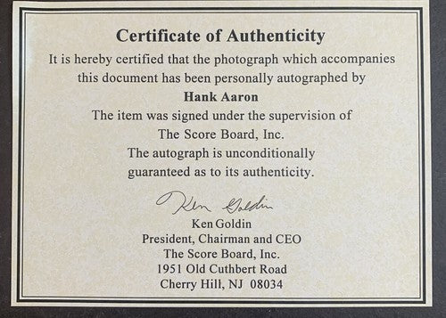 Hank Aaron Signed 8x10 Baseball Photo Braves Hof Gem Mint Auto Ken Goldin Coa