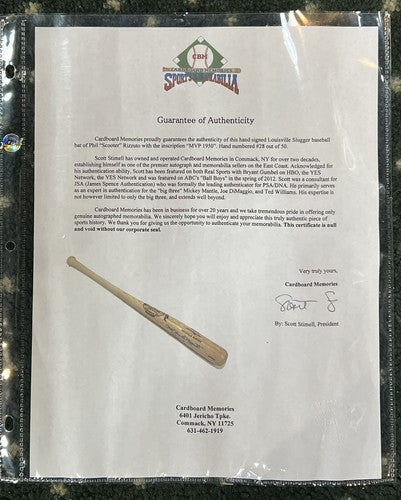 Phil Scooter Rizzuto Signed Ins MVP 1950 Game Model Bat auto Yankees JSA COA /50