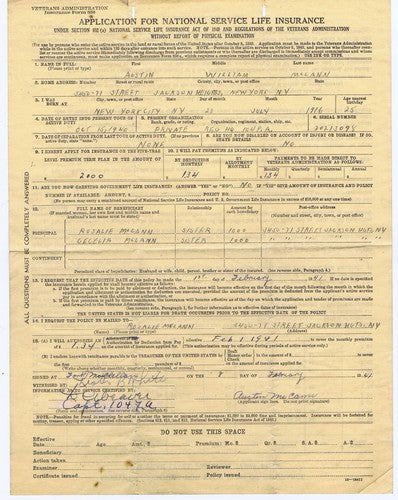 1941 Ww2 Army Life Insurance Application National Service Famous Boxer New York