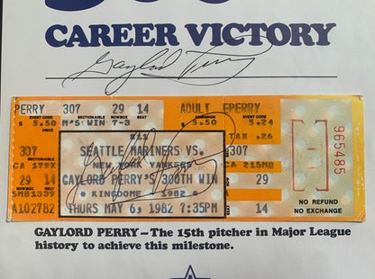 GAYLORD PERRY SIGNED 300 WIN TICKET & Photo MARINERS HOF Autograph CBM Coa Mint
