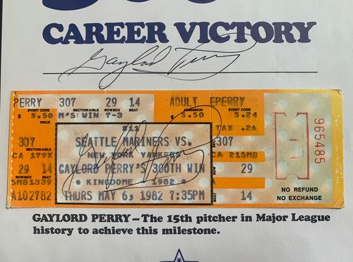GAYLORD PERRY SIGNED 300 WIN TICKET & Photo MARINERS HOF Autograph CBM Coa Mint