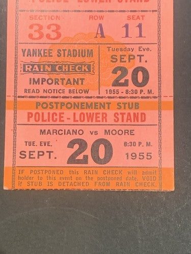 1955 Rocky Marciano Retires Last Fight Ticket Stub Original 49-0 Yankee Stadium