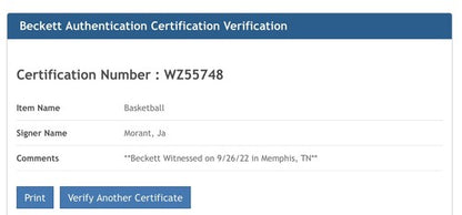 Ja Morant Grizzlies Signed NBA Spalding Game Replica Basketball Autograph BAS