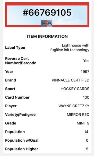 1997-98 Pinnacle Certified Mirror Red Wayne Gretzky #100 PSA 9 MINT HOF Rangers