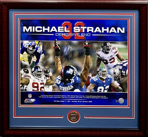 Michael Strahan Giants Signed Career Stat 16x20 Photo Framed Autograph Steiner