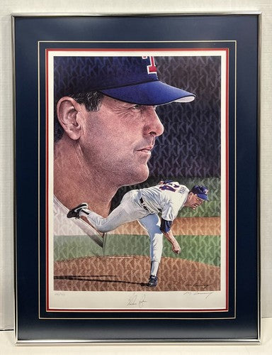 Nolan Ryan Rangers HOF Signed 18x26 Lithograph Photo Framed Artist 2 Auto LE COA