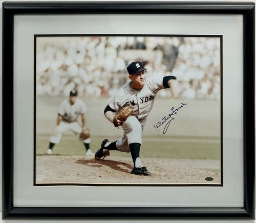 Whitey Ford NY Yankees HOF Signed 16x20 Pitching Photo Framed Autograph Steiner