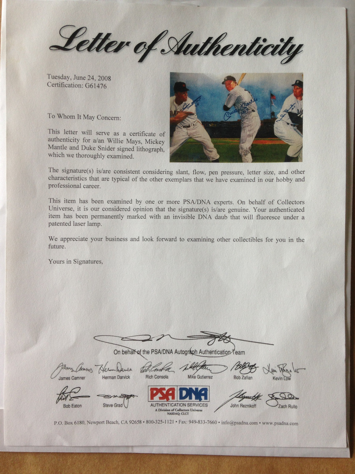 Mickey Mantle Willie Mays Duke Snider signed litho Ins #’s auto Framed HOF PSA
