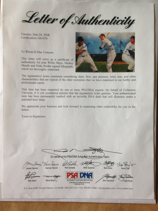 Mickey Mantle Willie Mays Duke Snider signed litho Ins #’s auto Framed HOF PSA