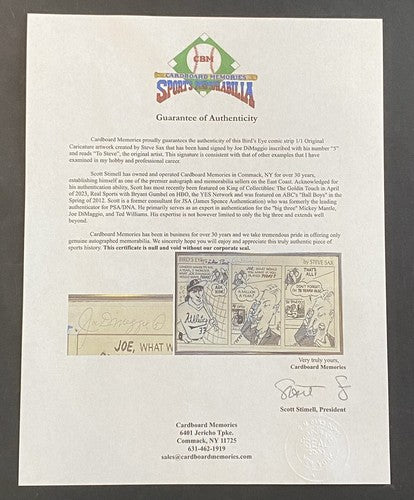Joe DiMaggio Signed To Steve Sax Auto Original 1/1 Newspaper Comic Strip Framed