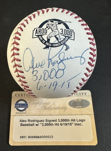 Alex Rodriguez Yankees Signed 3000 Hit Logo Baseball Dated Auto Steiner Coa