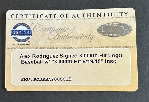 Alex Rodriguez Yankees Signed 3000 Hit Logo Baseball Dated Auto Steiner Coa