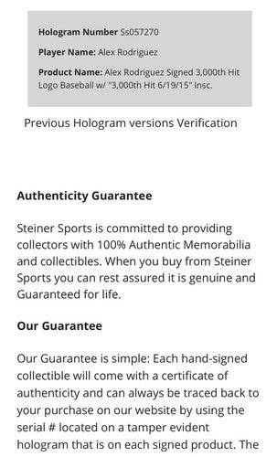 Alex Rodriguez Yankees Signed 3000 Hit Logo Baseball Dated Auto Steiner Coa