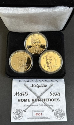 Roger Maris Sosa Mark McGwire Home Run Heroes 24K Gold Overlay Set w/COA Mint