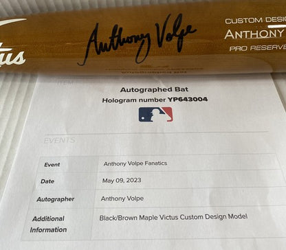 Anthony Volpe Yankees Signed Game Model Victus Bat Rookie Autograph MLB Fanatics