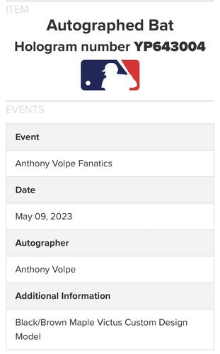 Anthony Volpe Yankees Signed Game Model Victus Bat Rookie Autograph MLB Fanatics