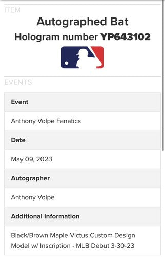 Anthony Volpe Yankees Signed Victus Model Bat Rookie Auto MLB Debut Fanatics