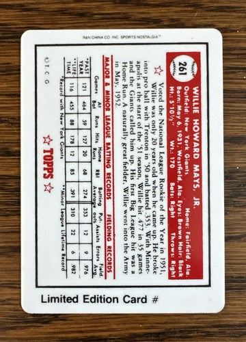 Topps 1952 Reprint Porcelain Willie Mays Rookie LIMITED EDITION W Coa Mint