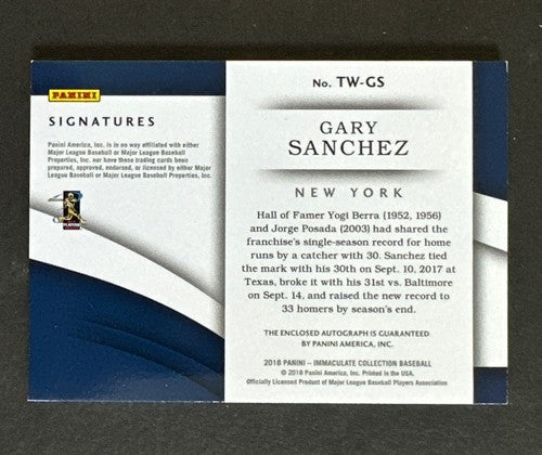 2018 Panini Immaculate Gary Sanchez Eye Black Signatures /15 Auto TW-GS Padres